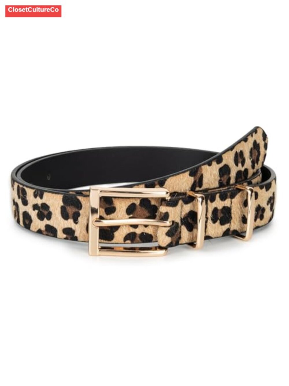 Women's Faux Leather Leopard Print Belt with Gold Pin Buckle Adjustable